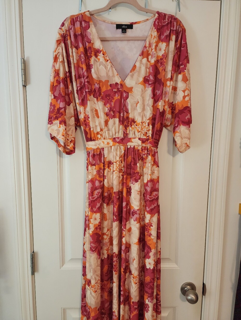 Ellos Floral V-Neck Maxi Dress in Pinks Orange Cream Belted Full Skirt 18/20 New